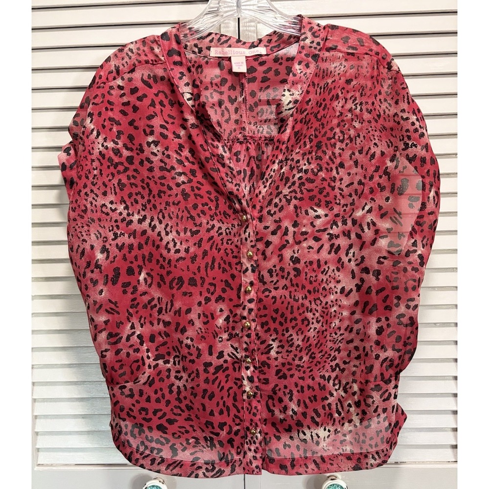 Rebellious Black/Red Cheetah Chiffon Cap Sleeve‎ Button Up Blouse Size XL